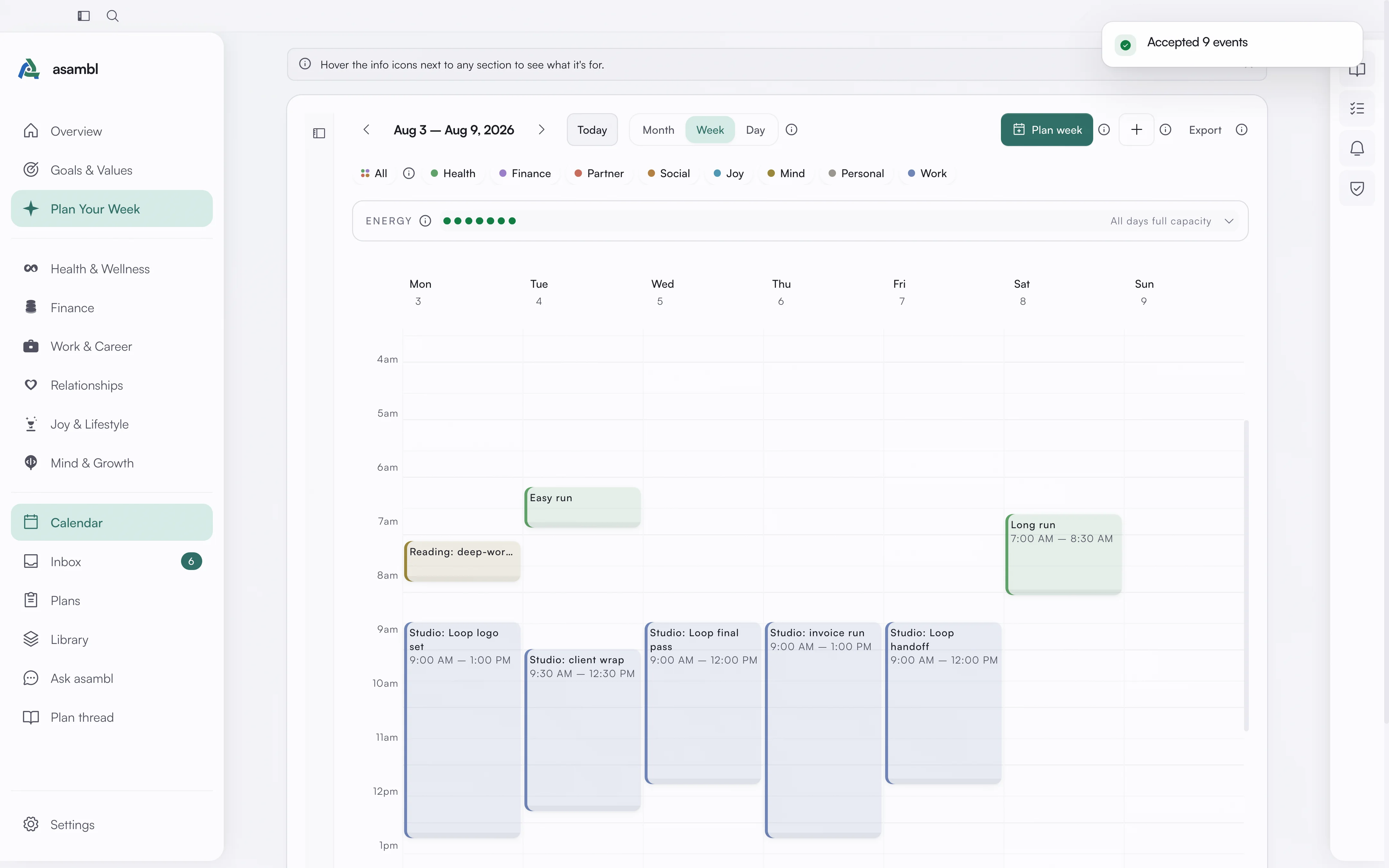 The approved weekly plan on the asambl calendar, color-coded by life area