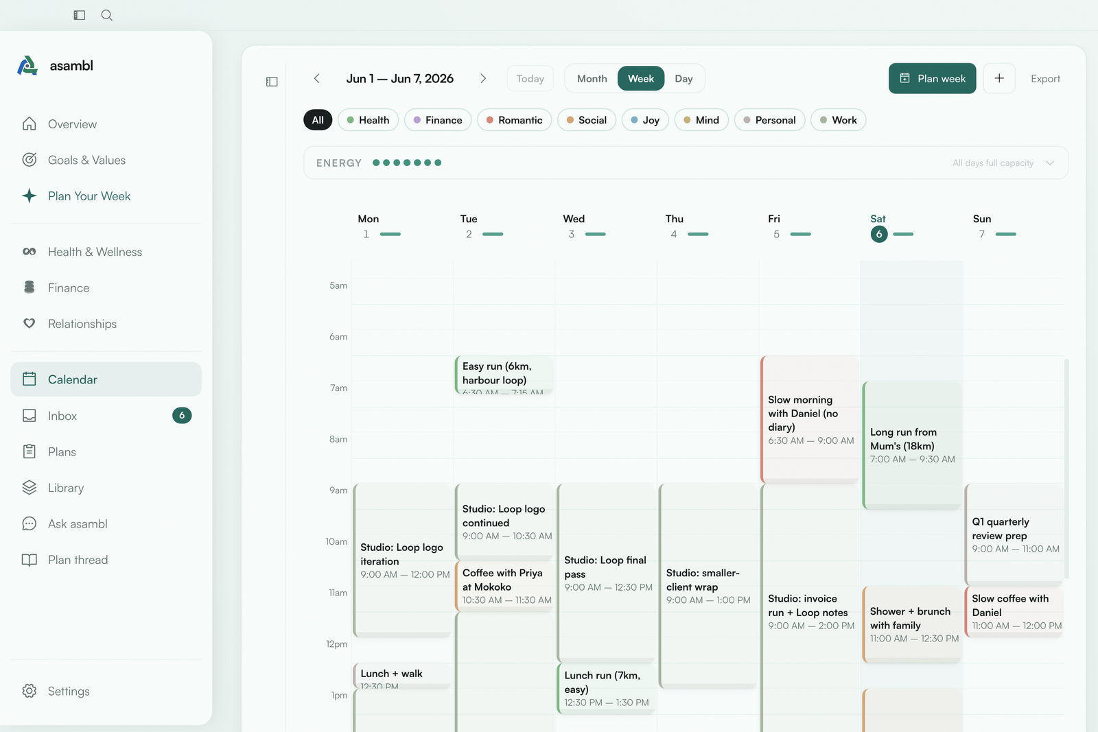Accepted plan as color-coded blocks in the asambl week calendar