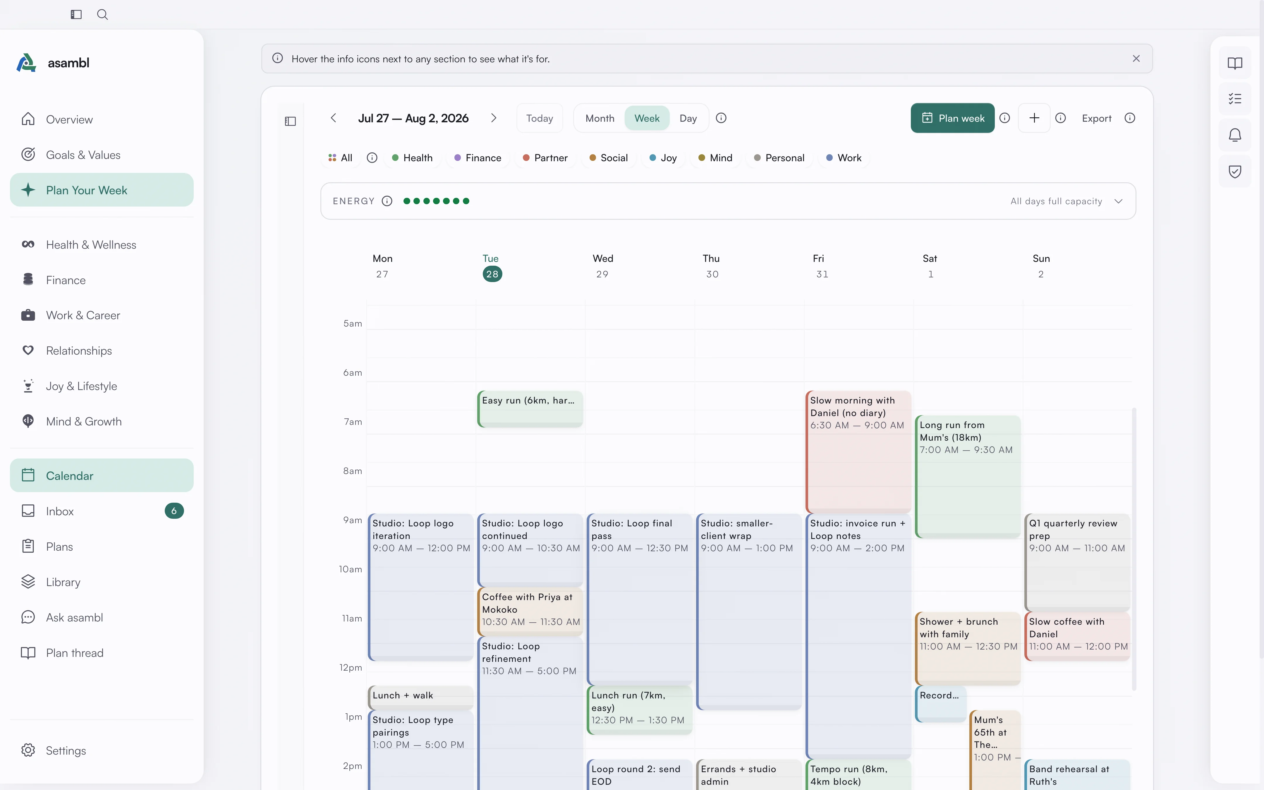 An accepted asambl plan as colour-coded blocks in a week calendar