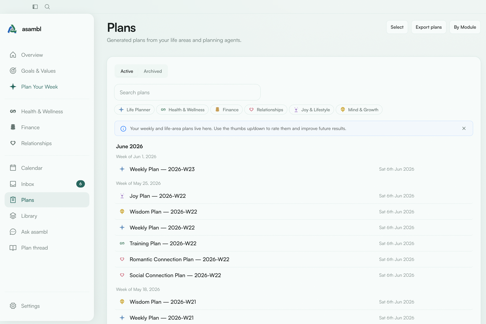 A full week-ahead plan produced by asambl's Weekly Planner